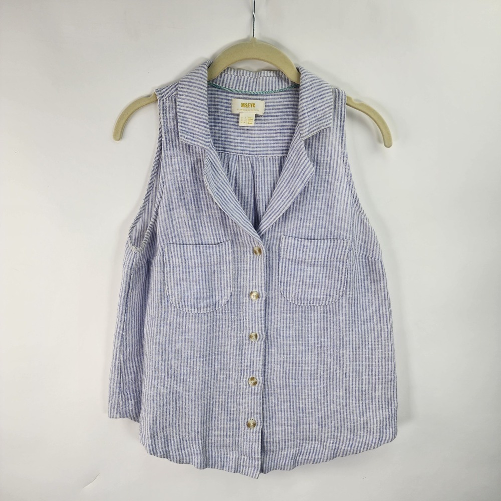 Anthropologie Maeve Felicity Linen Blend Sleeveless Top Women's 4 Blue Striped